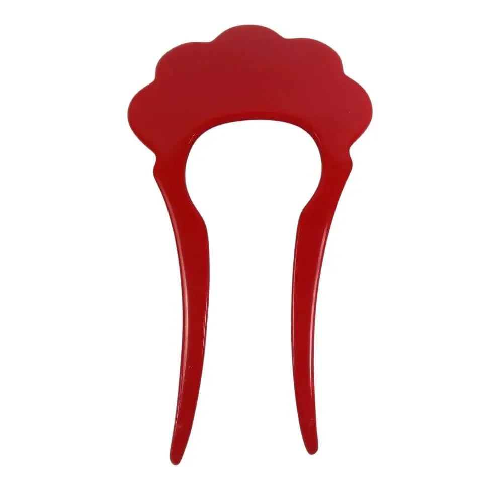 Vintage Red Acrylic Hair Fork Updo Accessory Scallop Trim